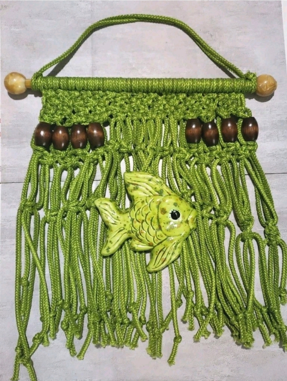 Vtg Macrame  Ceramic Fish Wall Hanging Decor Green Lime Wooden Beads Boho